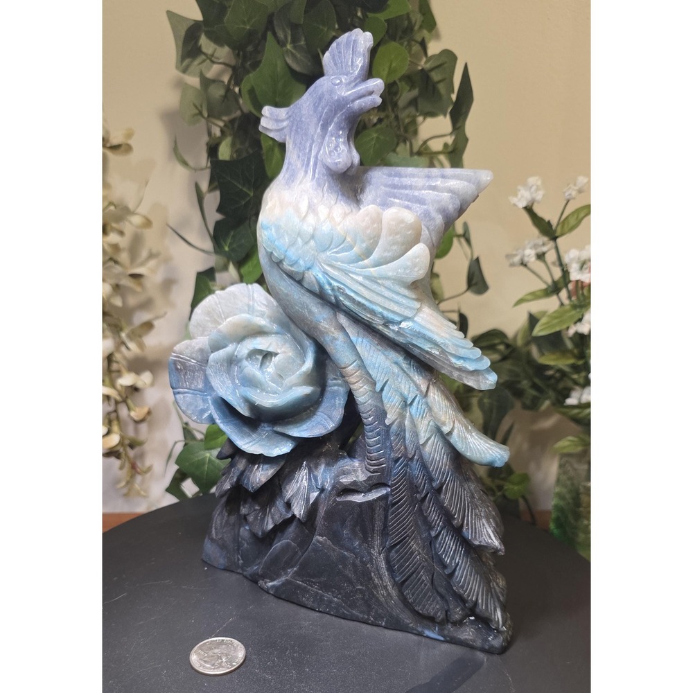 Trolleite Mineral Carving: Blue-White Phoenix Bird with Rose, 3LBS 15OZ